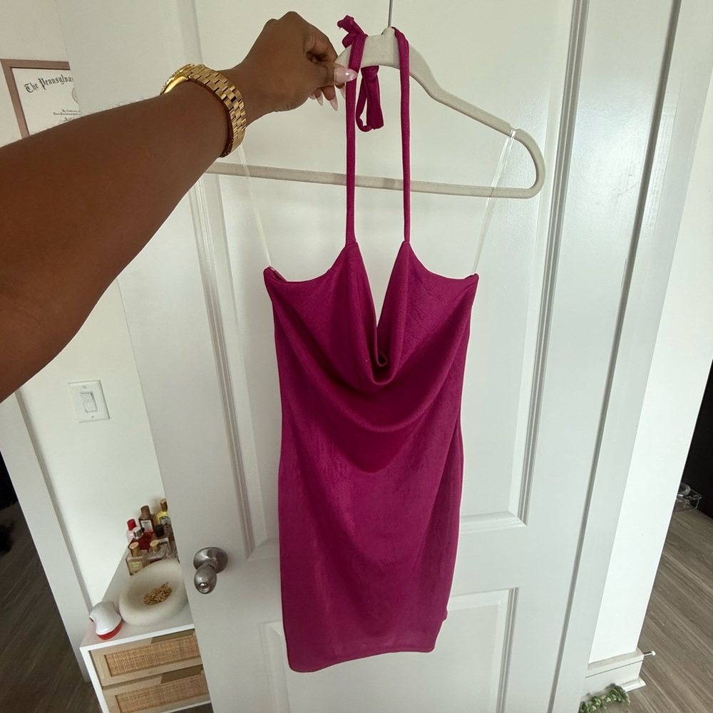 Fashion Nova Bright Fuchsia Halter Mini Dress